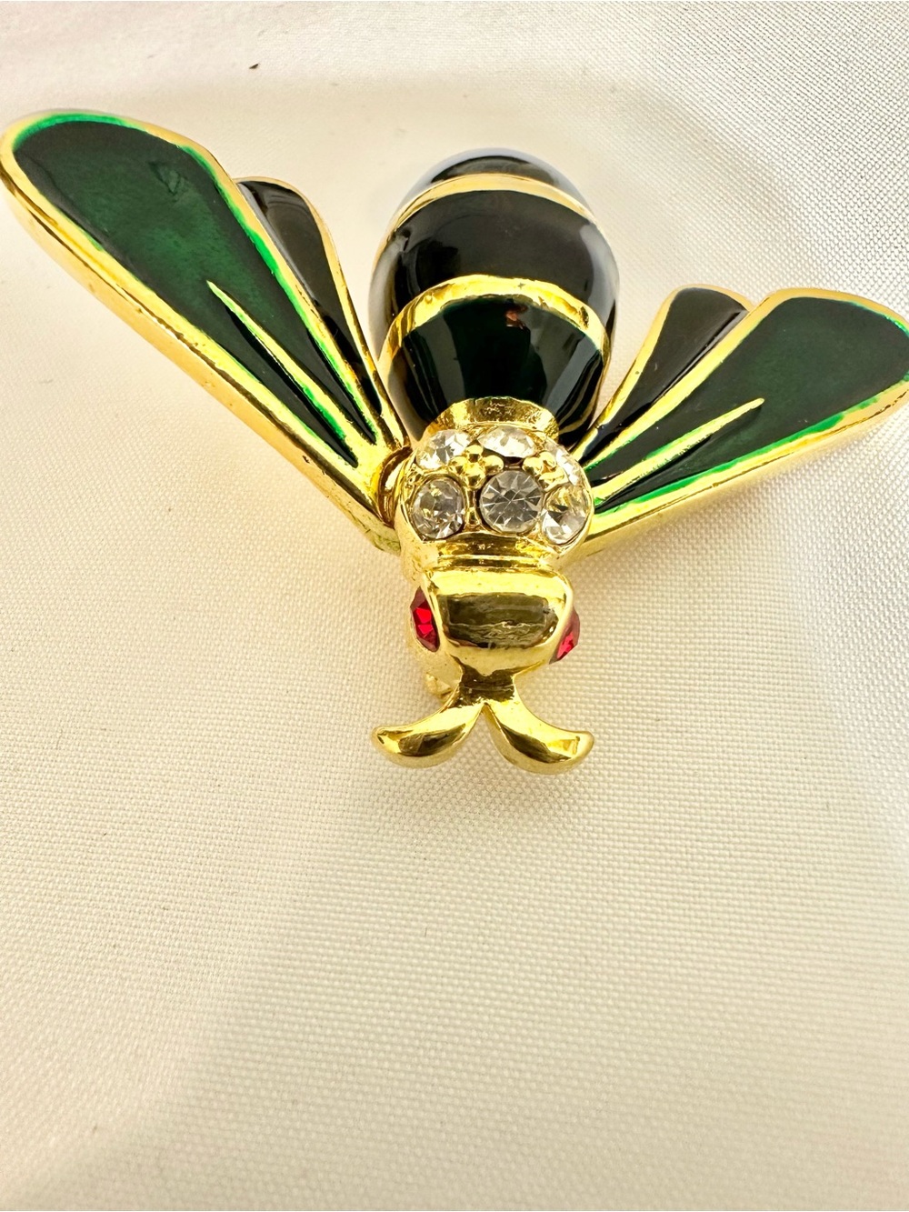 Stunning Vintage Signed 22k Gold-Plated Enamel Bee Brooch w/ Crystal Accents